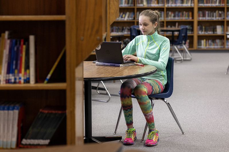 Girl working on laptop.