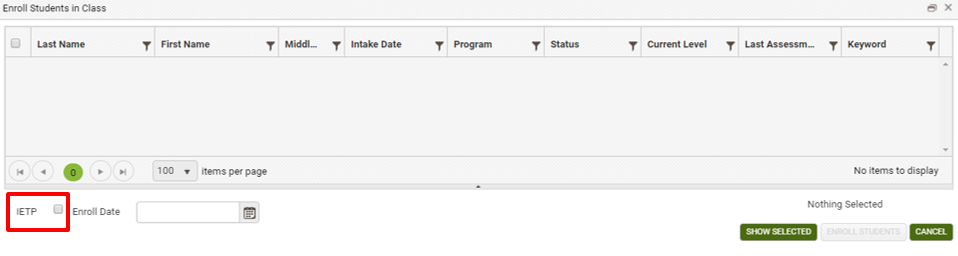 Screenshot of the LACES IETP checkbox. Grantees providing Integrated Education and Training Programs (IETP) under either the AEFLA or IELCE grant must report learner class enrollments with the IETP checkbox located at the bottom of the class enrollment screen.