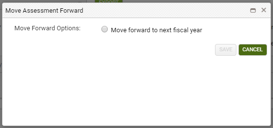 The LACES Move Assessment Forward window. Grantees will use the Push Forward icon located in each assessment row under the assessment tab of the learner record to push forward assessments into the new program year of PoP. To do so, grantees will select the Move forward to next fiscal year radio button in LACES.