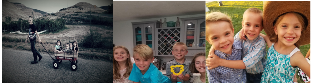  Boy pulling wagon with 4 kids inside, 4 kids making cookies, Twin boys hugging each other and triplet girl with floppy hat on smiling 