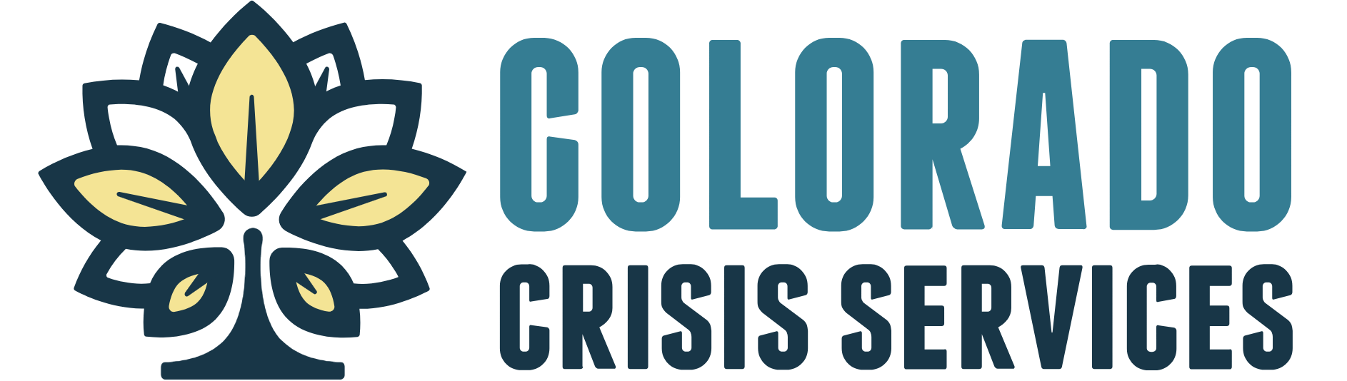 Colorado Crisis Services Logo: a yellow and white cartoon leaf